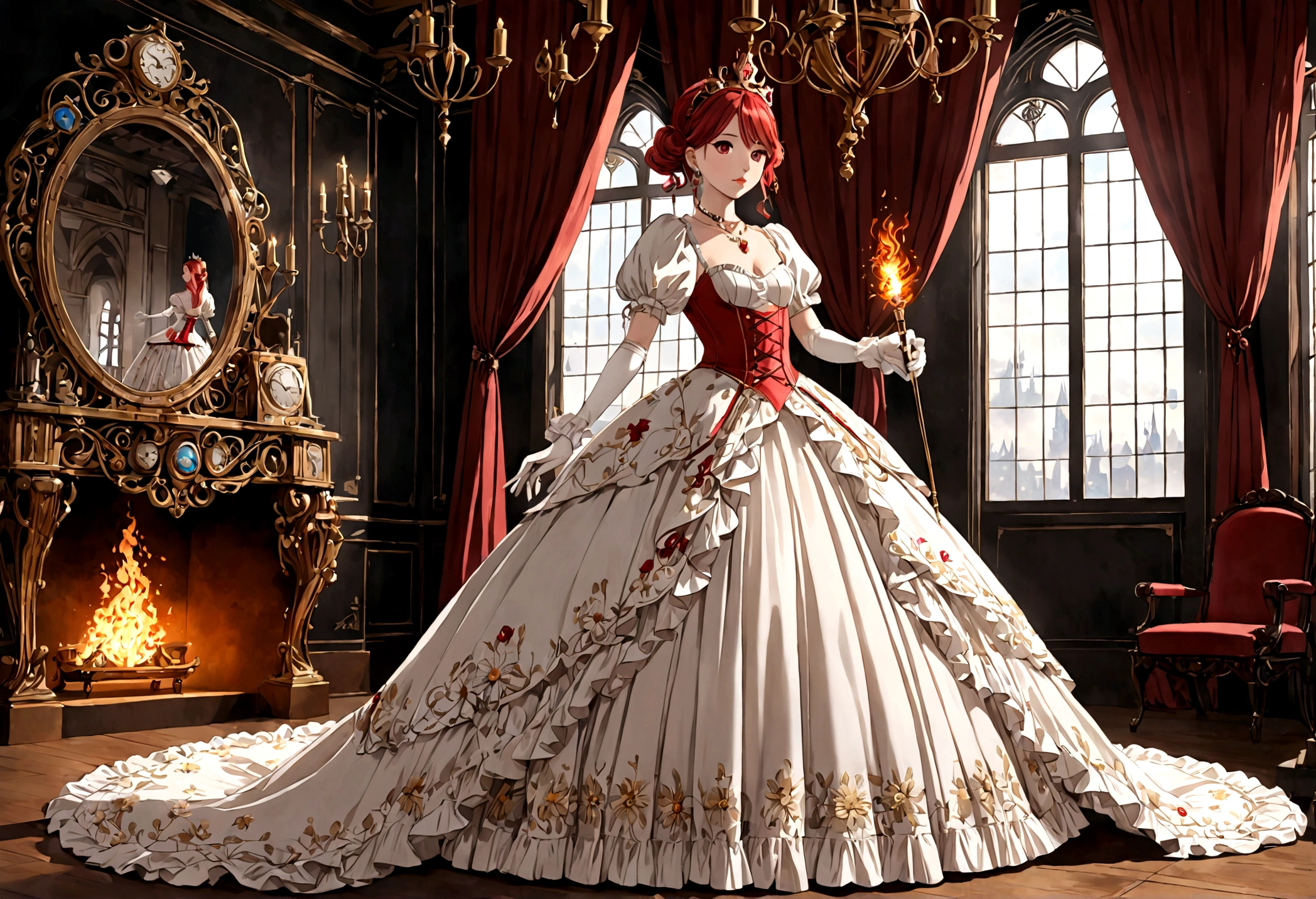 (best quality,4k,8k,highres,masterpiece:1.2),ultra-detailed, Pretty 15 years old princess, drawn in anime style, is cute and happy, long red pigtails hair, pink eyes, small breast, makeup and lipstick, steampunk, red and white ball gown with puffy sleeves, physically-based rendering,gorgeous frilly dress design,flowing gown,elaborate lace details,rich textures,contrast stitching,delicate ribbon bows,floral accents, daisy flowers embroidery, full skirt,short sleeves,fitted waistline,flared cuffs,lace-up back,luxurious fabrics,flawless silhouette, petticoat, bloomers, bustle, corset, hair ribbons, white elbow gloves, ruby earrings and necklace, gold tiara, high heels, holding a fire magic wand, standing in castle bedroom, highly detailed, 4K.