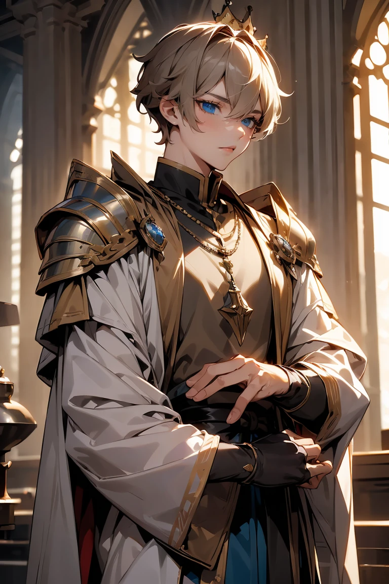 male character, royalty, prince, short hair, cold gaze, medieval aesthetics, luxurious clothes, looking down, armor pieces, crown, cold colors, celshaded, ashy colors, mysterious vibe, sharp eyes, bishonen, dark ashy brown hair, blue eyes, condescending pose and expression, prideful character. arrogant, young adult