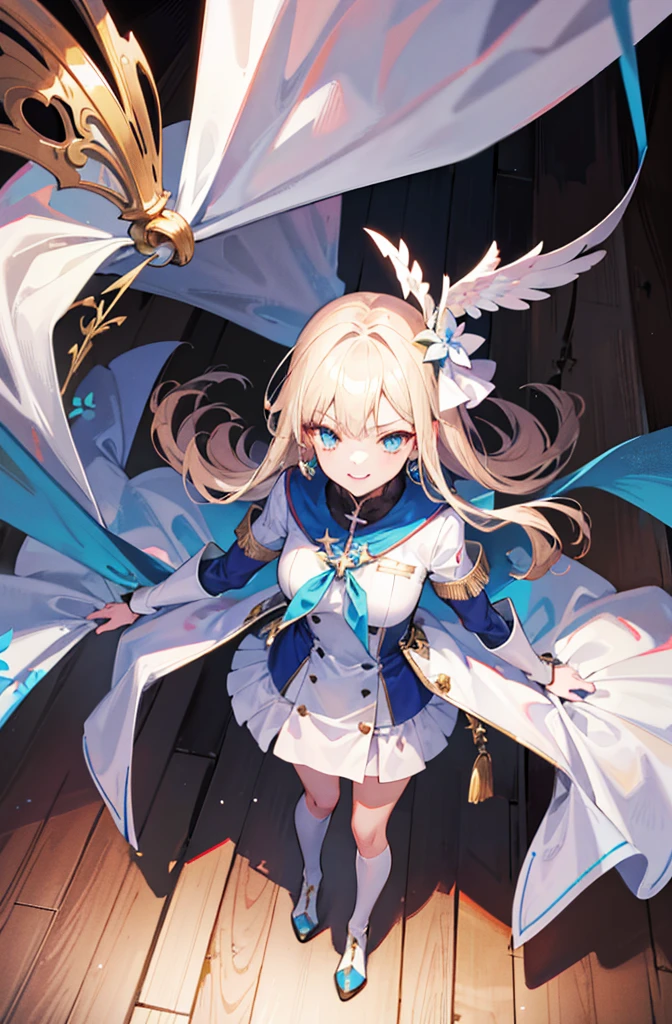 (Standing painting: 1.2) + (1girl:1.5)+ golden hair + princess cut + white knight uniform + detailed eyes and nose + deep blue eyes + white battle uniform + domineering, masterpiece, best quality,evil smile,holy,((the wood background)),adult,