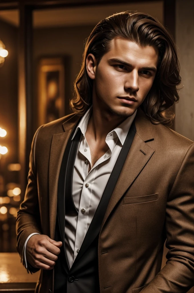 Mafioso ruso, de 2 metros, rubio platinado (Caesar Sergeyev) 23 years old, teniendo sexo con una chica, 19 years old with brown eyes, wavy brown hair, rostro Redondo y expresivo frente al espejo