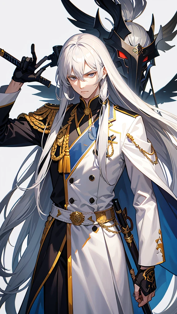 tall man, Long white hair, silver eyes, athletic body, formal american uniform, carrying a sword on his waist, holding a mask in his hand and placing it in front of half of his face, background of a war zone, Anime style, manhwa style, fan art, fine details, 2D, 36K, 