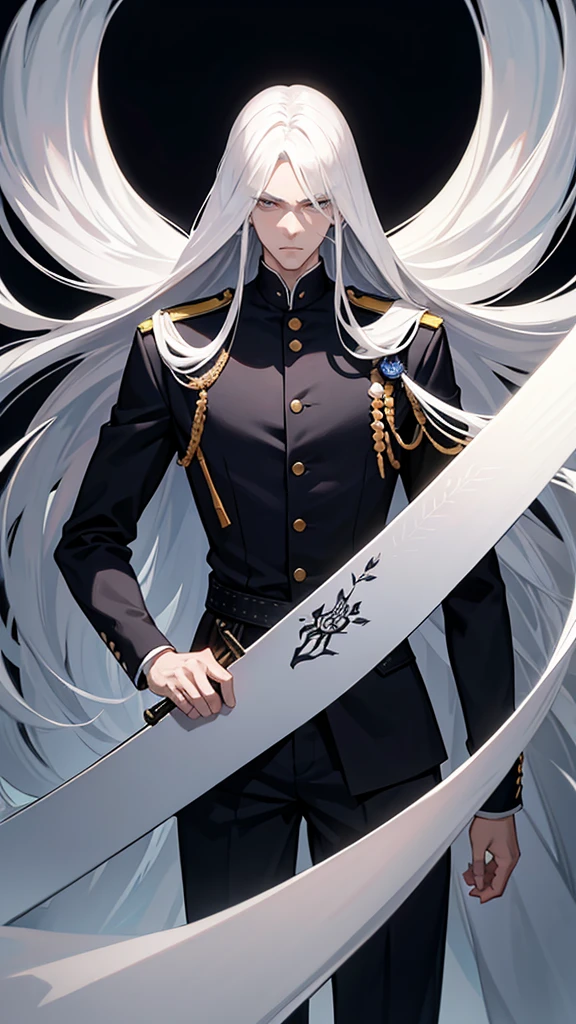 tall man, Long white hair, silver eyes, athletic body, formal american uniform, carrying a sword on his waist, holding a mask in his hand and placing it in front of half of his face, background of a war zone, Anime style, manhwa style, fan art, fine details, 2D, 36K,