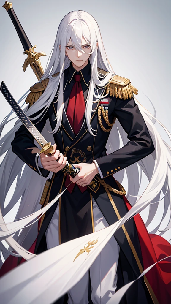 tall man, Long white hair, silver eyes, athletic body, formal american uniform, carrying a sword on his waist, holding a mask in his hand and placing it in front of half of his face, background of a war zone, Anime style, manhwa style, fan art, fine details, 2D, 36K, 