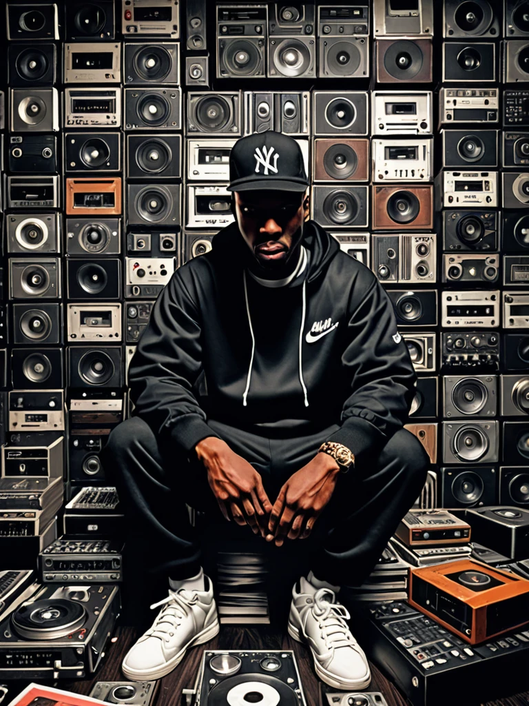 a hiphop album cover,  in an image filled with deep darks in the style of an analog film grain, hdr, extremely detailed, 8k, 35mm photograph, amazing natural lighting, brilliant composition