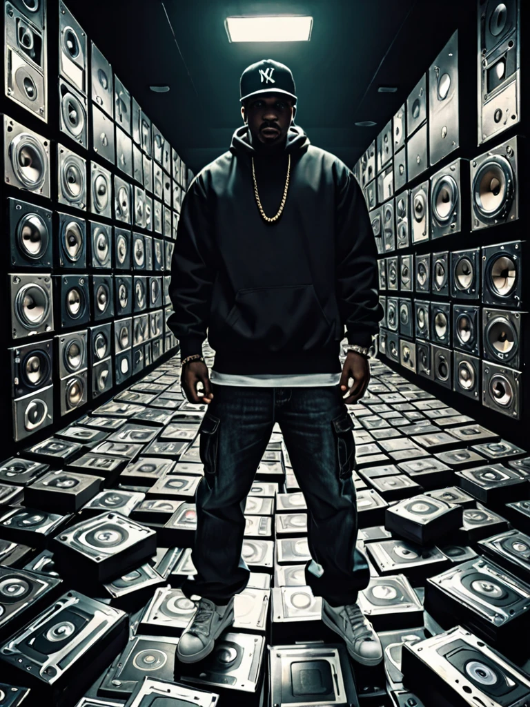 a hiphop album cover, in an image filled with deep darks in the style of an analog film grain, hdr, extremely detailed, 8k, 35mm photograph, amazing natural lighting, brilliant composition
