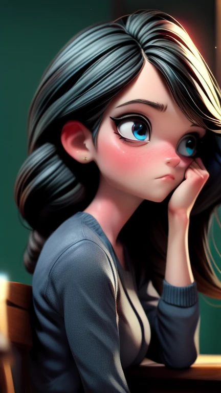 A girl with a hateful gaze, Turn to the side, In the classroom, Beautiful fine details, Beautiful lip detail, Highly detailed eyes and face, Long eyelashes, One girl, Digital Art, oil, Surreal, 8k, High resolution, Realistic, Cinema Lighting, Dramatic lighting, Sulky, dark, Worry, Cool colors, Cool Tones