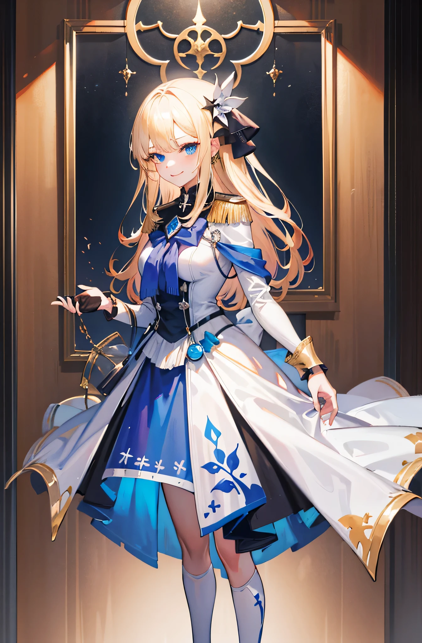 (Standing painting: 1.2) + (1girl:1.5)+ golden hair + princess cut + white knight uniform + detailed eyes and nose + deep blue eyes +  white battle uniform + domineering, masterpiece, best quality,evil smile,holy,((the wood background)),adult,