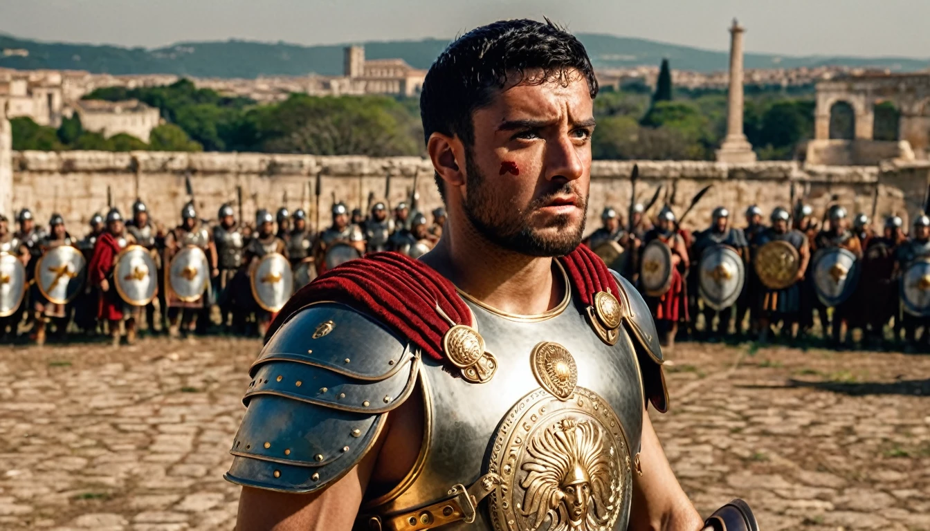 An inspiring cinematic photo of a 30-year-old young man dressed as a Roman soldier, personifying the ancient Roman Empire. His intricate metallic armor shines in the sunlight, adorned with symbols of Roman power and victory. The soldier's face is marked with terror as he holds a RECTANGULAR MODEL ROMAN EMPIRE shield, his determination is fierce, in a duel against a fierce enemy. The background depicts a chaotic battle with the Gauls, revealing a distant city and the emblem of the 15th Legion of the Roman Army. The atmosphere is rich with historical authenticity, intense drama, and the weight of life-and-death stakes., photo, cinematic