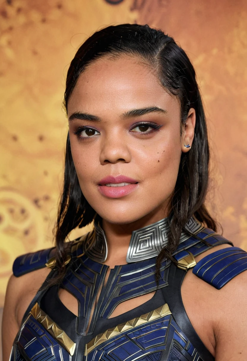 Extremely gorgeous woman Tessa Thompson AS A WAKANDAN WARRIOR, DETAILS, GOOD SKIN, highly detailed, skin pores, sharp focus, amazing details, 