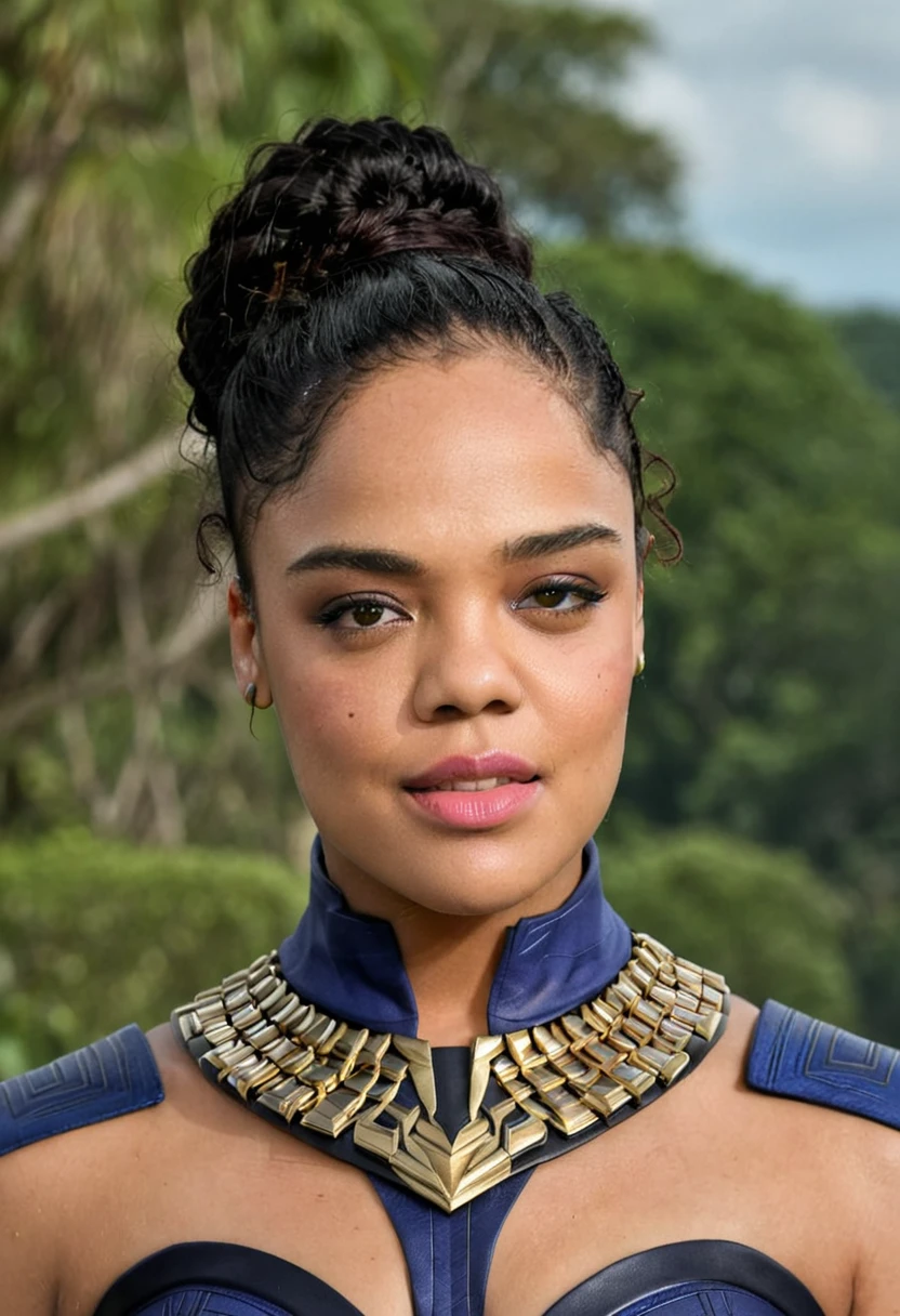 Extremely gorgeous woman Tessa Thompson AS A WAKANDAN WARRIOR, DETAILS, GOOD SKIN, highly detailed, skin pores, sharp focus, amazing details,