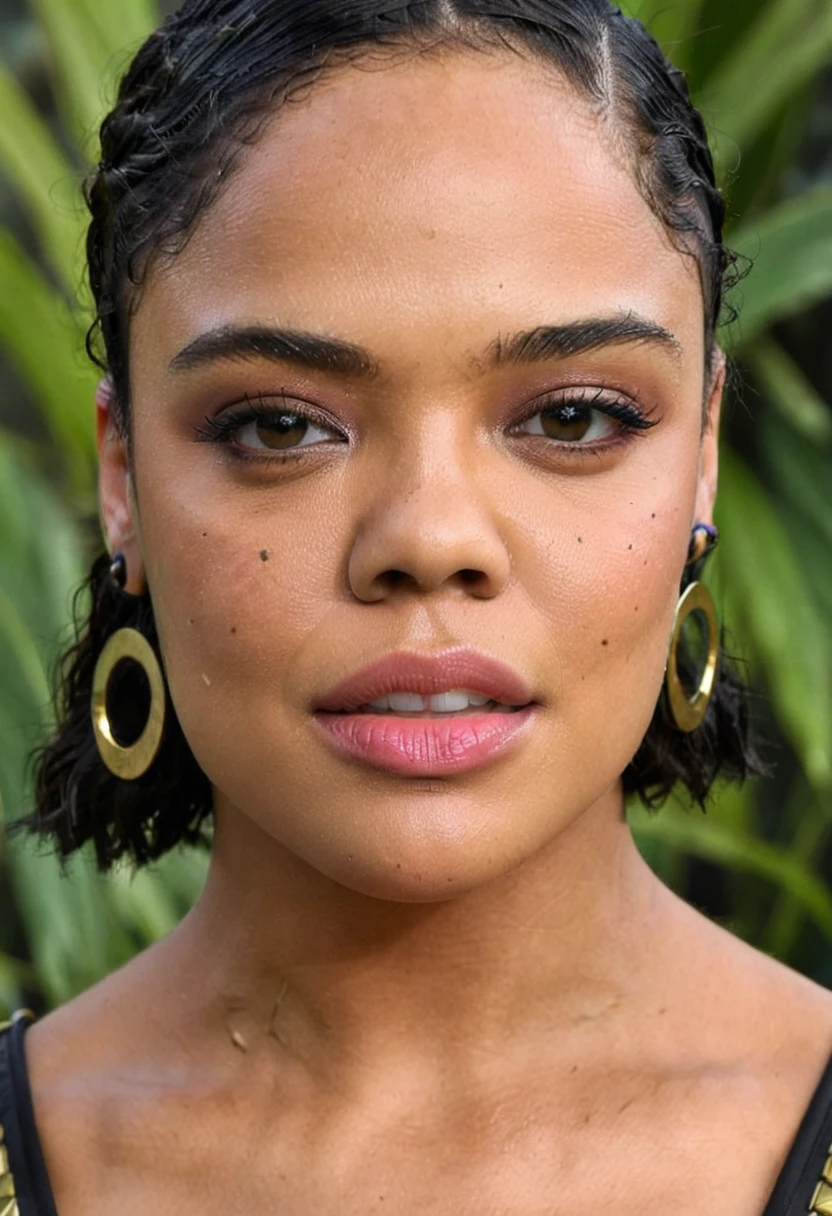 Extremely gorgeous woman Tessa Thompson AS A WAKANDAN WARRIOR, DETAILS, GOOD SKIN, highly detailed, skin pores, sharp focus, amazing details, 