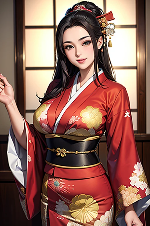 ((highest quality)), ((masterpiece)), (detailed), 1peopleの成熟した女性１people,Age 25,Heian period, Beautiful princess, Twelve-layered kimono:1.5, , Smiling Kindly, Slender figure, Big Breasts, Inside a gorgeous Japanese-style mansion,  Long straight black hair:1.5