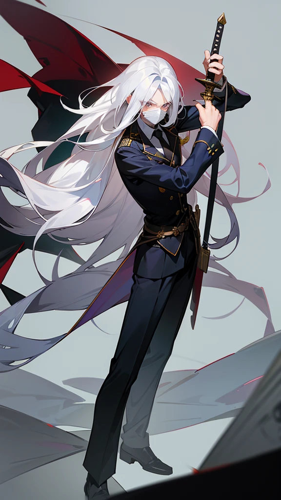 tall man, Long white hair, silver eyes, athletic body, formal american uniform, carrying a sword on his waist, holding a mask in his hand and placing it in front of half of his face, background of a war zone, Anime style, manhwa style, fan art, fine details, 2D, 36K,