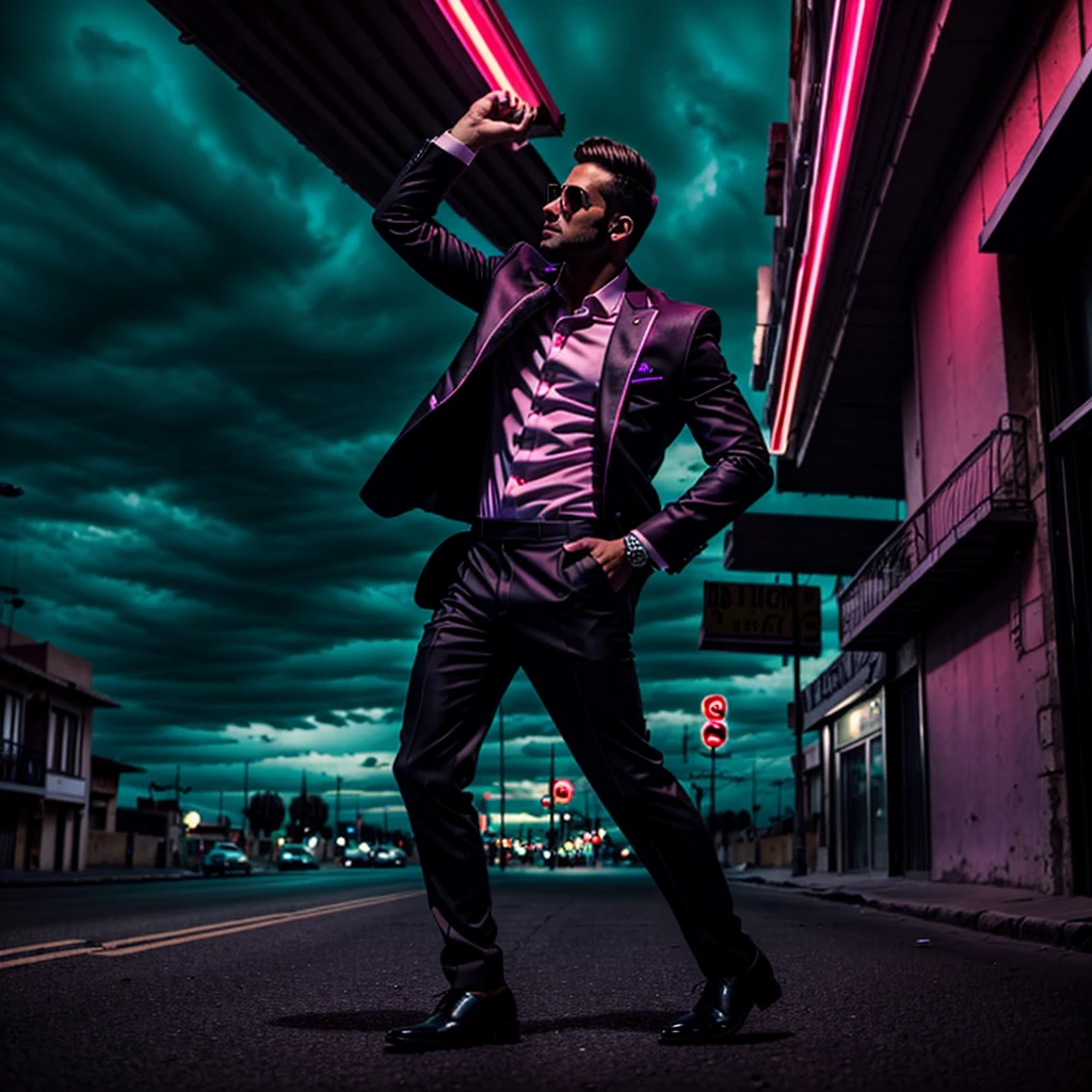Una imagen de stock de un hombre elegante en una calle.. la calle es muy lujosa, The sky is dramatic and neon colored.. tiro de cuerpo completo