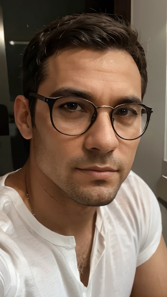 Homem; jovem; branco; short gradient hair; forte; magro; reading glasses; roupa simples; pele ressecada; olho claro; somewhat symmetrical appearance