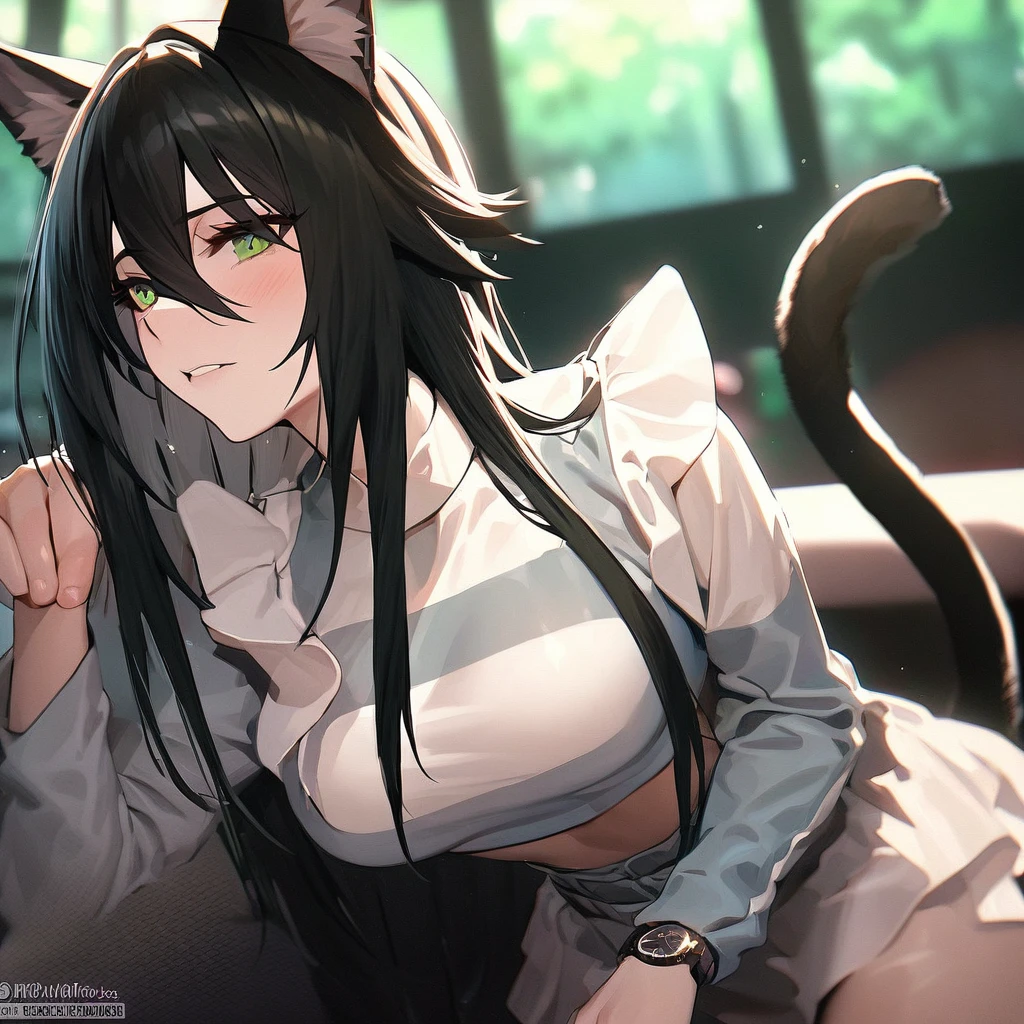 absurd, high definition, ultra detailed, HDR, masterpiece, extremely detailed face and eyes, perfect face, Ulquiorra Cifer, black hair, hair between eyes, expressive green eyes, pale skin, cat ears, big bushy tail, Bleach, solo, sexy man , handsome, white coat, tight black shirt, patterns, in wonderland, watch