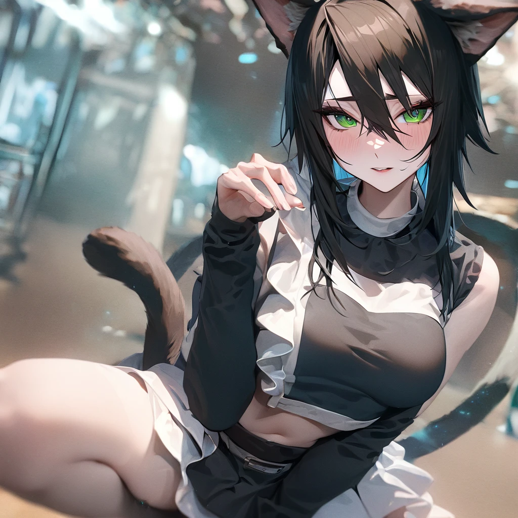 absurd, high definition, ultra detailed, HDR, masterpiece, extremely detailed face and eyes, perfect face, Ulquiorra Cifer, black hair, hair between eyes, expressive green eyes, pale skin, cat ears, big bushy tail, Bleach, solo, sexy man , handsome, white coat, tight black shirt, patterns, in wonderland, watch