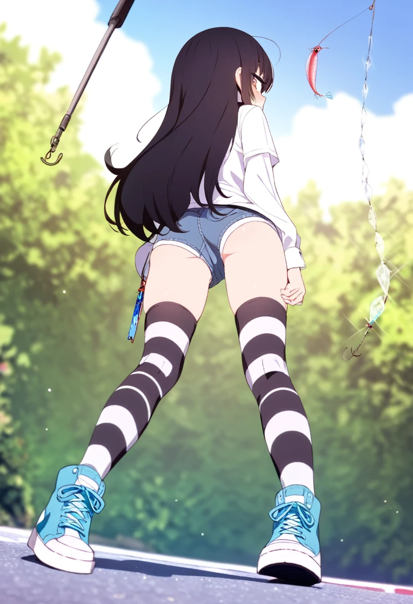  Black Hair, Long Hair, Cute Hips, lure, ,(Cotton shirt、hot pants、Striped thigh-high stockings、sneakers),Bend、BREAK Perfect Anatomy、highest quality、(cute:1.1)、(cute)、(High resolution:1.2)、Unbelievably absurd:1.3、Incredible illustrations、(cuteイラスト:1.2)、Beautiful background、(1 girl) 、solo)、(10th Generation、JK、、Small breasts:1.2)、slender、、、、Eye highlights、embarrassed、、full body、（from behind、from below）