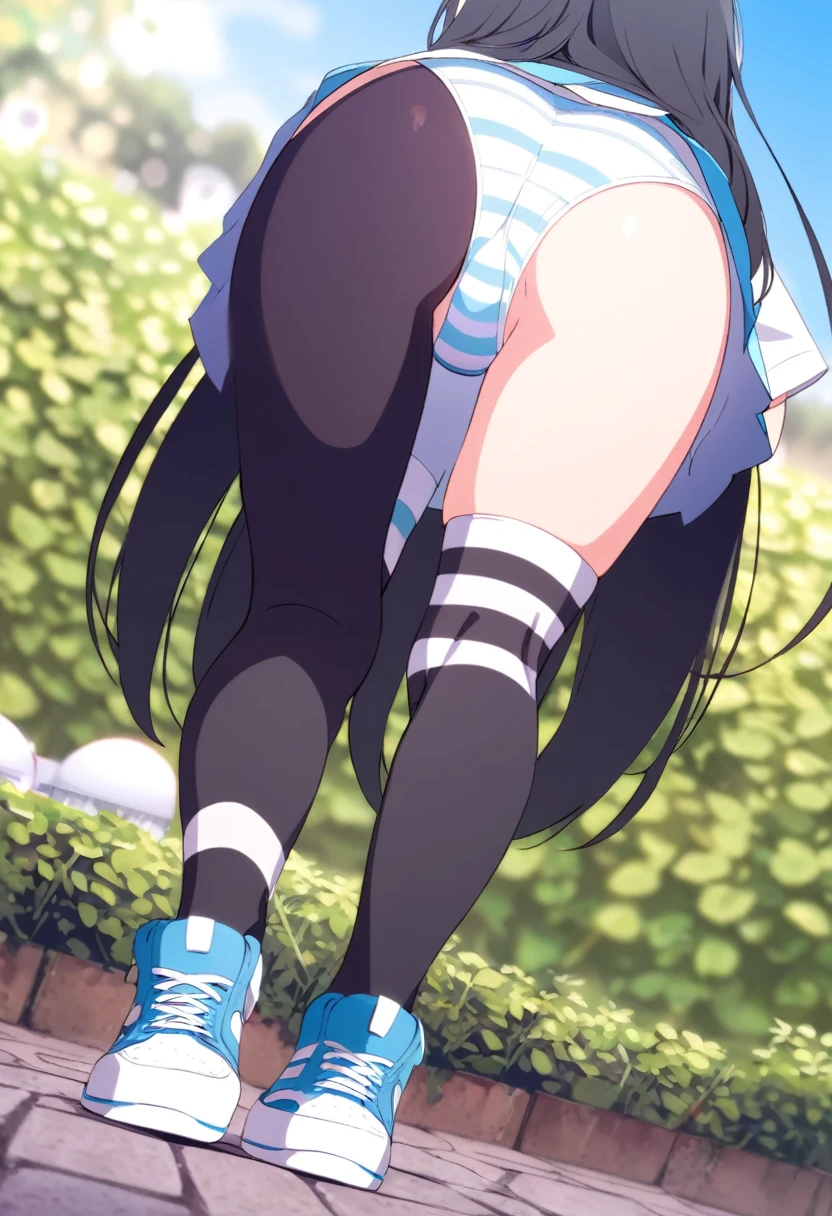  Black Hair, Long Hair, Cute Hips, lure, ,(Cotton shirt、hot pants、Striped thigh-high stockings、sneakers),Bend、BREAK Perfect Anatomy、highest quality、(cute:1.1)、(cute)、(High resolution:1.2)、Unbelievably absurd:1.3、Incredible illustrations、(cuteイラスト:1.2)、Beautiful background、(1 girl) 、solo)、(10th Generation、JK、、Small breasts:1.2)、slender、、、、Eye highlights、embarrassed、、full body、（from behind、from below）
