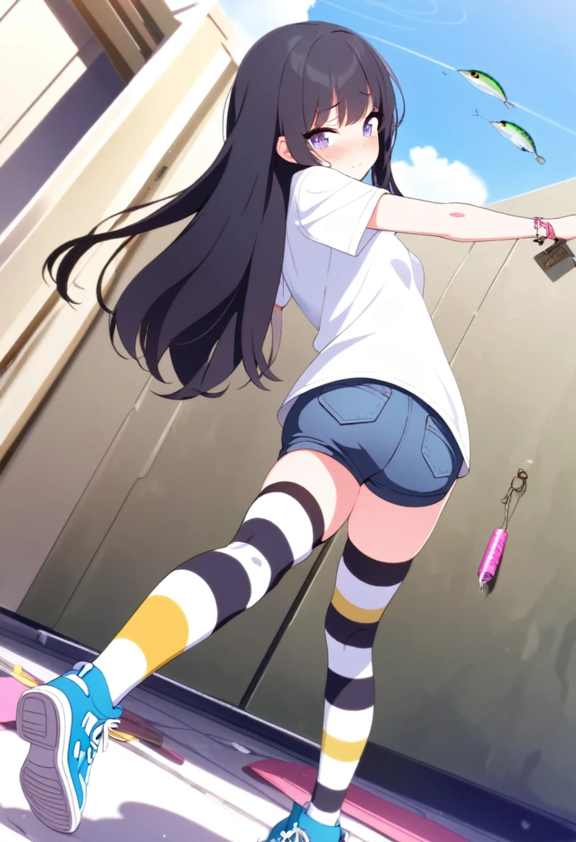  Black Hair, Long Hair, Cute Hips, lure, ,(Cotton shirt、hot pants、Striped thigh-high stockings、sneakers),Bend、BREAK Perfect Anatomy、highest quality、(cute:1.1)、(cute)、(High resolution:1.2)、Unbelievably absurd:1.3、Incredible illustrations、(cuteイラスト:1.2)、Beautiful background、(1 girl) 、solo)、(10th Generation、JK、、Small breasts:1.2)、slender、、、、Eye highlights、embarrassed、、full body、（from behind、from below）