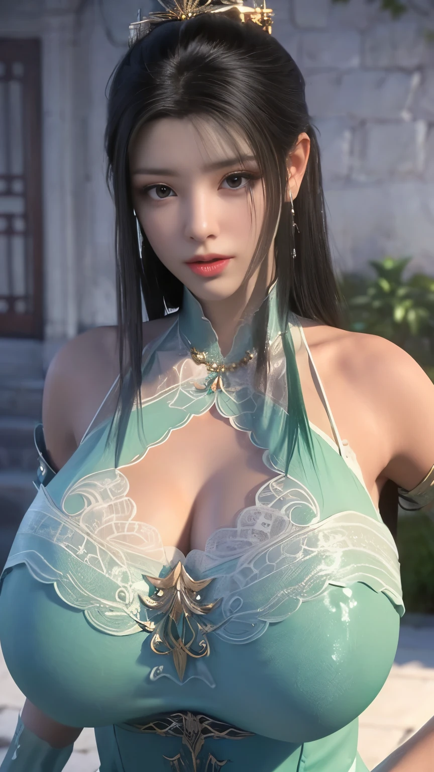ultra realistic 8k cg, Flawless, Clean, Masterpiece, Professional artwork, Famous artwork, Cinematic lighting, Cinematic bloom, Perfect face, Beautiful chinese face, fantasy, Dreamlike, Unreal Engine 5, Science fiction, Lace, Lace trim, lace-trimmed legwear, luxury goods, jewelry, Diamond, gold, the pearl, Pedras preciosas, Sapphire, Ruby, Emerald, intricately details, Delicate pattern, Charming, Alluring, Seductive, Erotic, Enchanting, (front bangs hair:1.5), hair adornments, necklace, Earrings, Bracelet, armlets,Halo,Autumn.
((,1girll, angle of view,Best quality,)) ,((((,1girll, Solo, huge fake breasts:1.5, Goddess green dress, Full body from head to feet, view the viewer, standing))))