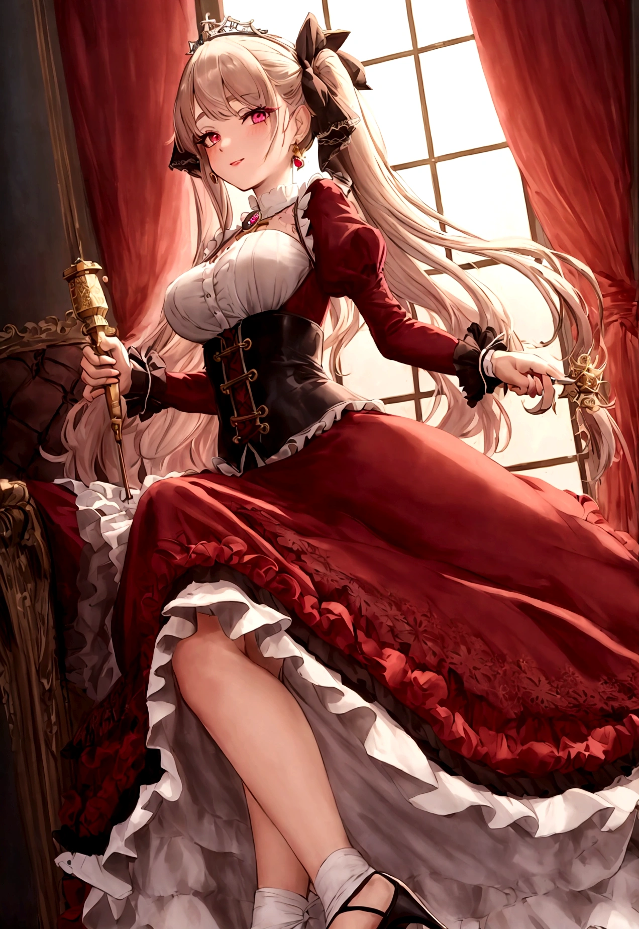 (best quality,4k,8k,highres,masterpiece:1.2),ultra-detailed, Pretty 15 years old princess, drawn in anime style, is cute and happy, long red pigtails hair, pink eyes, small breast, makeup and lipstick, steampunk, red and white ball gown with puffy sleeves, physically-based rendering,gorgeous frilly dress design,flowing gown,elaborate lace details,rich textures,contrast stitching,delicate ribbon bows,floral accents, daisy flowers embroidery, full skirt,short sleeves,fitted waistline,flared cuffs,lace-up back,luxurious fabrics,flawless silhouette, petticoat, bloomers, bustle, corset, hair ribbons, white elbow gloves, ruby earrings and necklace, gold tiara, high heels, holding a fire magic wand, standing in castle bedroom, highly detailed, 4K.