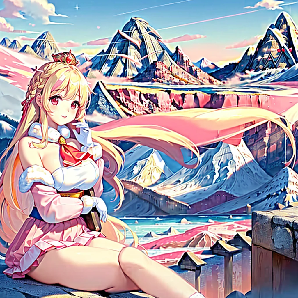official art, masterpiece, sharp focueautiful gorgeous cute Korean woman:1.3), (beautiful cute korean:1.3), (beautiful and aesthetic:1.4), korean beauty, Delicate and beautiful hair and eyes and face, realistic, ultra detailed, beautiful girl, blue sky, glow white particle, (sidelighting:1.2), sun light, white cloud, detailed clouds, slender, Lovely very large breasts and very large hips,showing pink slip and lovely lips, (((shy and aroused, pink Star-shaped pupils, Red eyes)), (((Cuteness:1.7)), scenery, long straight hair, sexy facial expression, (mountainscape:1.7), dynamic hair, blonde long straight hair, detailed hair, streaked hair, glow pink eyes, sitting elegant near river (shoulder strap+fur coat over an off shoulder sweater+ red Ascot dress+cute pink skirt+princess pink cute collar+ white off shoulder blouse), white long socks, pale skin, epic scenery, hair ornament, Princess white gloves, appealing, (((Seduction:1.3))), air blow blonde long hairs, long black stocks, 1 korea girl pretty