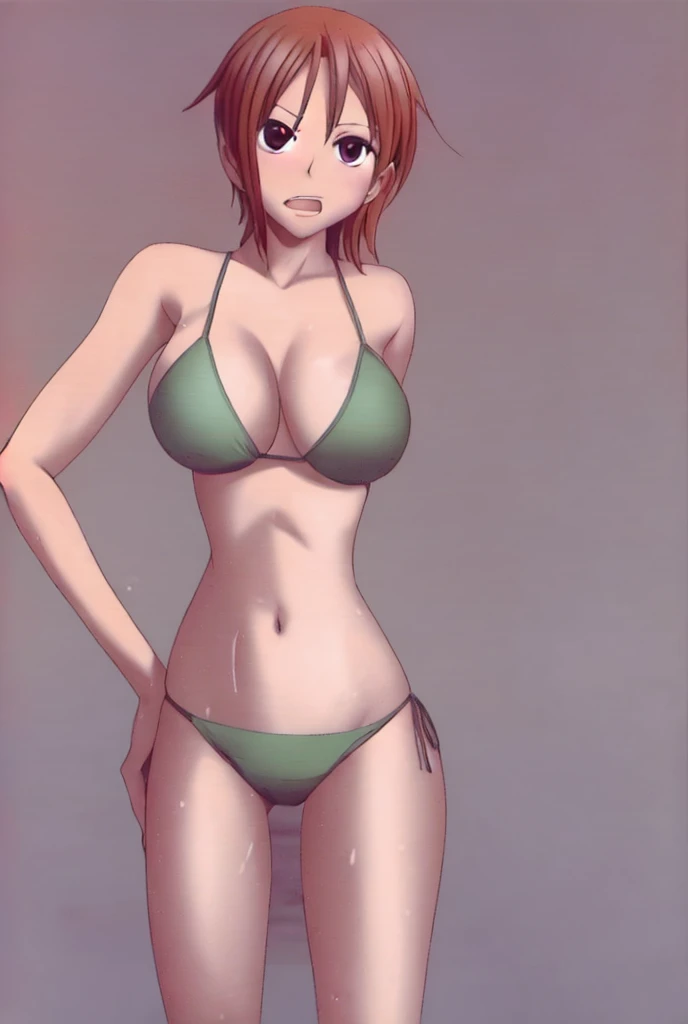 Nami, with her big breasts and beautiful legs, is standing in a bikini with her legs spread to the sides and her mouth open.。Put your right hand on your hip、The left hand is lowered。
