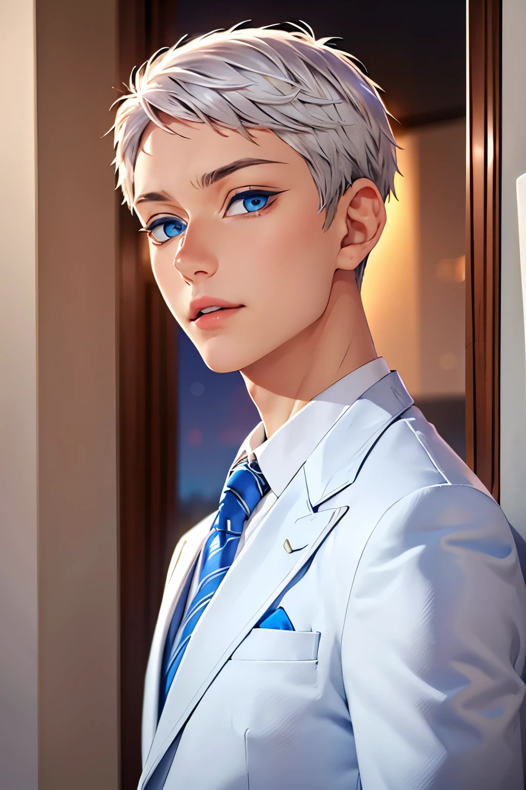 Boy, silver hair, blue eyes, serious sharp features, white skin, bright lips, handsome, sweater, formal jacket