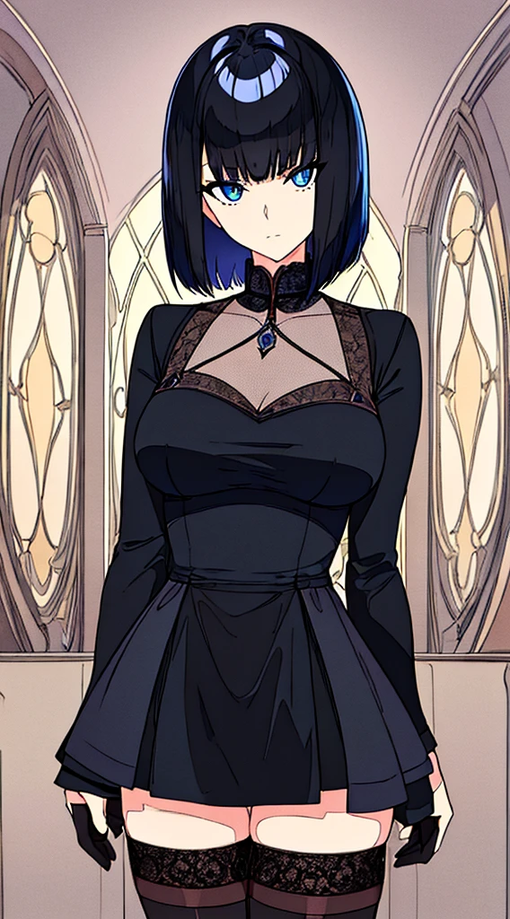 ((Best Quality)), ((Masterpiece)), (Detailed), Girl with short black hair, with straight bangs, blue eyes, the pupils of his eyes look at you strongly, tall and slender, very beautiful and feminine features, with loose black clothing, wearing shorts with long black stockings, short hair, nice breasts