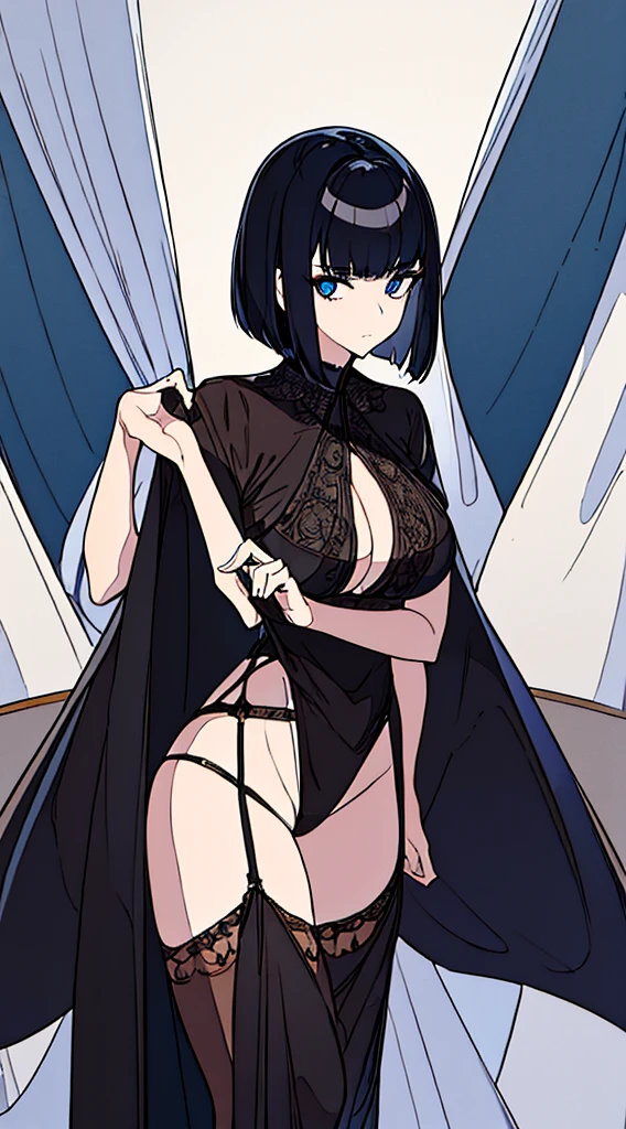 ((Best Quality)), ((Masterpiece)), (Detailed), Girl with short black hair, with straight bangs, blue eyes, the pupils of his eyes look at you strongly, tall and slender, very beautiful and feminine features, with loose black clothing, wearing shorts with long black stockings, short hair, nice breasts