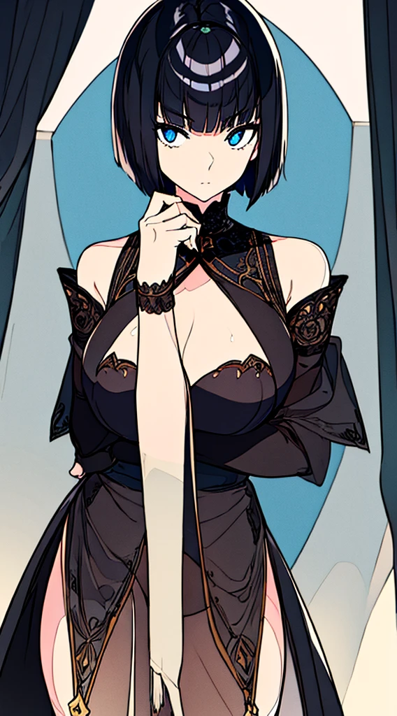 ((Best Quality)), ((Masterpiece)), (Detailed), Girl with short black hair, with straight bangs, blue eyes, the pupils of his eyes look at you strongly, tall and slender, very beautiful and feminine features, with loose black clothing, wearing shorts with long black stockings, short hair, nice breasts