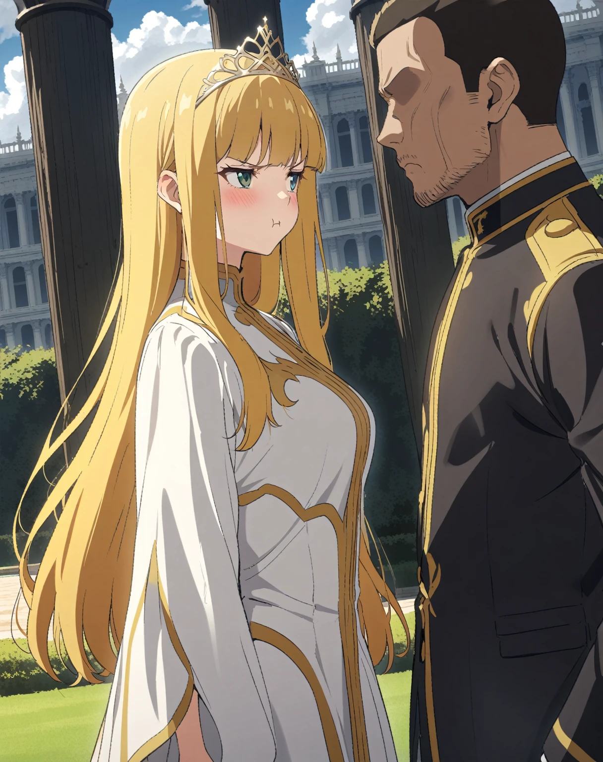 {{portrait, dutch angle}} {{Artist: Sincos}} 1 woman, 2 guards on either side restraining her, 2 men wearing armor, mature female, elegant, princess, medium breasts, straight hair, golden hair, long hair, hime cut, green eyes, white dress, gold trim, tiara, looking to side, pout, restrained by two men, faceless male, outdoors, garden, palace, cloudy, moonlight, window.