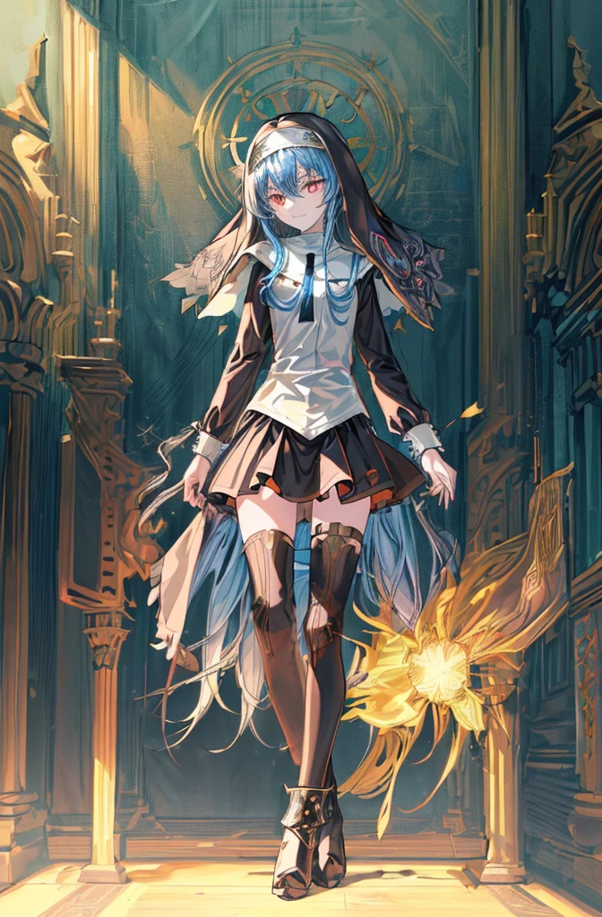 [(cathedral background:1.4)::5],Original,(Illustration:1.1),(Best Quality),(masutepiece:1.1),(the Extremely Detailed CG Unity 8K Wallpapers:1.1), (Colorful:0.9),(mid-shot:0.95),(Full body:1.5),Dynamic Angle,(Solo:1.2), (girl),(((Adult))), (Detailed beautiful eyes:1.15), (Beautiful face:1.15), (Glowing black eyes:1.25////),(Blue Long Hair),(nun headdress),(+perfect hand+:1.21),(Draw an illustration of a Holy Knight Wizard),(Religious),(slender),(she has boots on her feet),((I'm wearing black knee-high socks)),Smile,(Ruffled miniskirt with metal embellishments),beautiful slender adult,((theater background)),