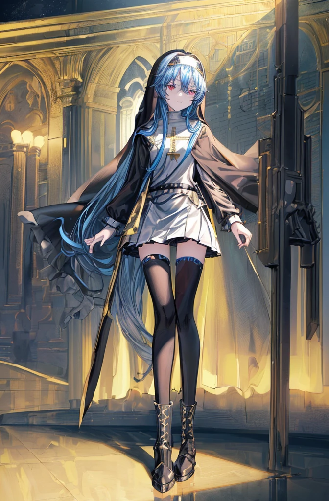 [(cathedral background:1.4)::5],Original,(Illustration:1.1),(Best Quality),(masutepiece:1.1),(the Extremely Detailed CG Unity 8K Wallpapers:1.1), (Colorful:0.9),(mid-shot:0.95),(Full body:1.5),Dynamic Angle,(Solo:1.2), (girl),(((Adult))), (Detailed beautiful eyes:1.15), (Beautiful face:1.15), (Glowing black eyes:1.25////),(Blue Long Hair),(nun headdress),(+perfect hand+:1.21),(Draw an illustration of a Holy Knight Wizard),(Religious),(slender),(she has boots on her feet),((I'm wearing black knee-high socks)),Smile,(Ruffled miniskirt with metal embellishments),beautiful slender adult,((theater background)),