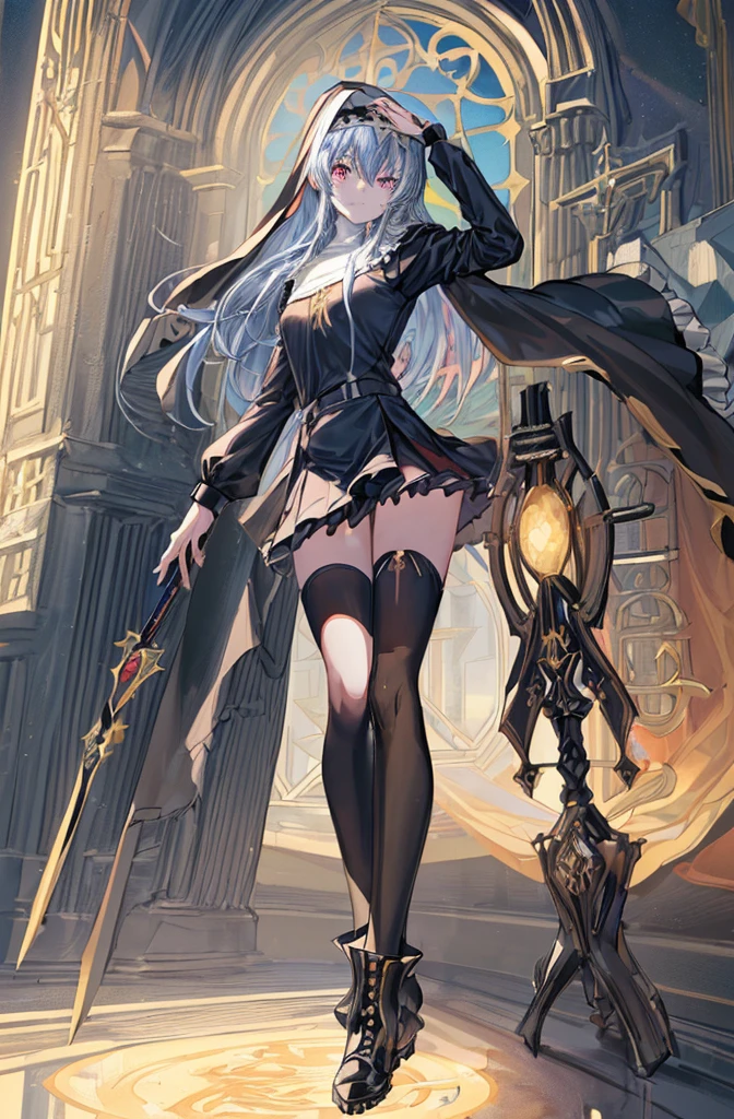 [(cathedral background:1.4)::5],Original,(Illustration:1.1),(Best Quality),(masutepiece:1.1),(the Extremely Detailed CG Unity 8K Wallpapers:1.1), (Colorful:0.9),(mid-shot:0.95),(Full body:1.5),Dynamic Angle,(Solo:1.2), (girl),(((Adult))), (Detailed beautiful eyes:1.15), (Beautiful face:1.15), (Glowing black eyes:1.25////),(Blue Long Hair),(nun headdress),(+perfect hand+:1.21),(Draw an illustration of a Holy Knight Wizard),(Religious),(slender),(she has boots on her feet),((I'm wearing black knee-high socks)),Smile,(Ruffled miniskirt with metal embellishments),beautiful slender adult,((theater background)),