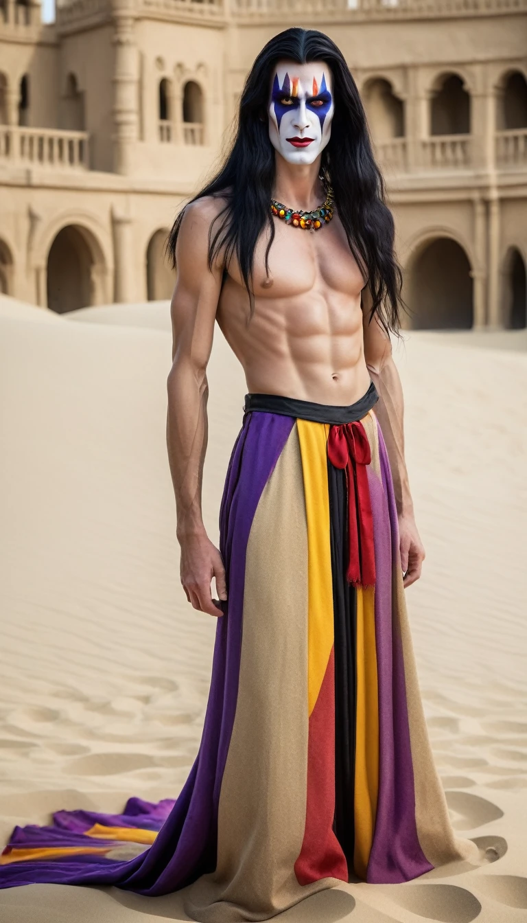 Court Jester, Man, tall with long black hair, with bright makeup, naked to the waist in a long skirt, in the sand palace