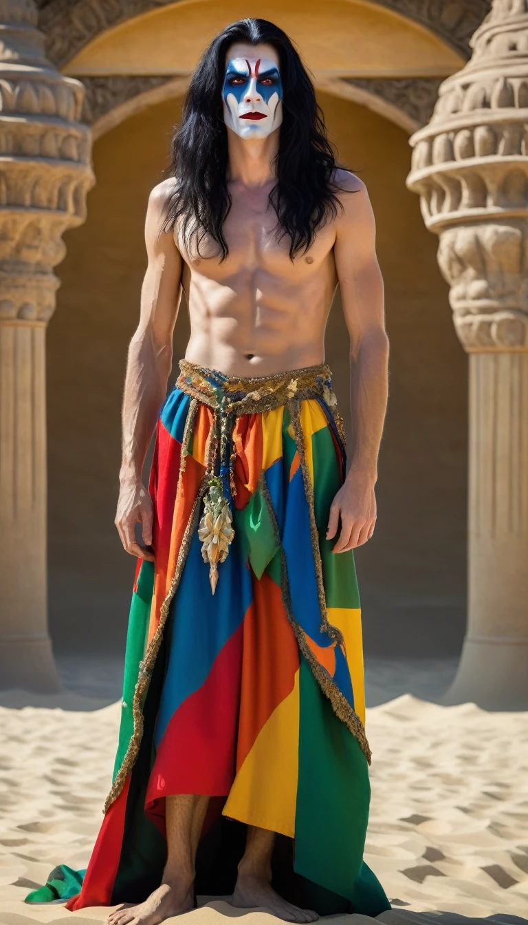 Court Jester, Man, tall with long black hair, with bright makeup, naked to the waist in a long skirt, in the sand palace