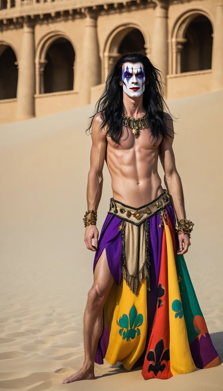Court Jester, Man, tall with long black hair, with bright makeup, to the waist in a long skirt, in the sand palace