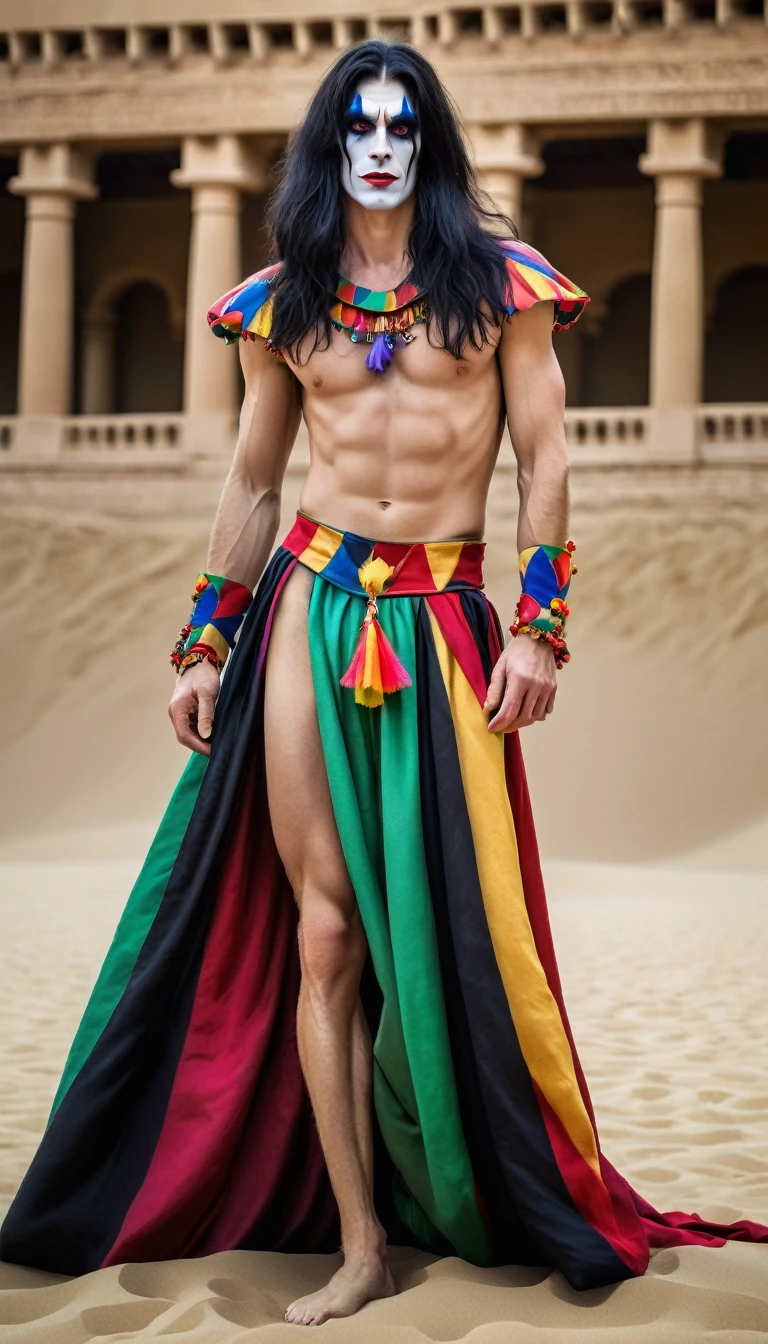 Court Jester, Man, tall with long black hair, with bright makeup, naked to the waist in a long skirt, in the sand palace