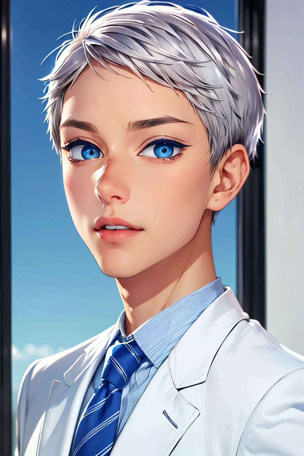 Boy, silver hair, blue eyes, serious sharp features, white skin, bright lips, handsome, sweater, formal jacket