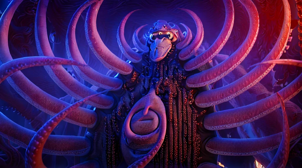 a close up of a person standing in front of a skeleton, fine details. anime. tentacles, nine tails, long shot jorogumo, spiky tentacles, pain from naruto, huge tentacles, his trunk is a huge tentacle, tentacles climb from the portal, tentacle beast, giant tentacles, tentacle monster