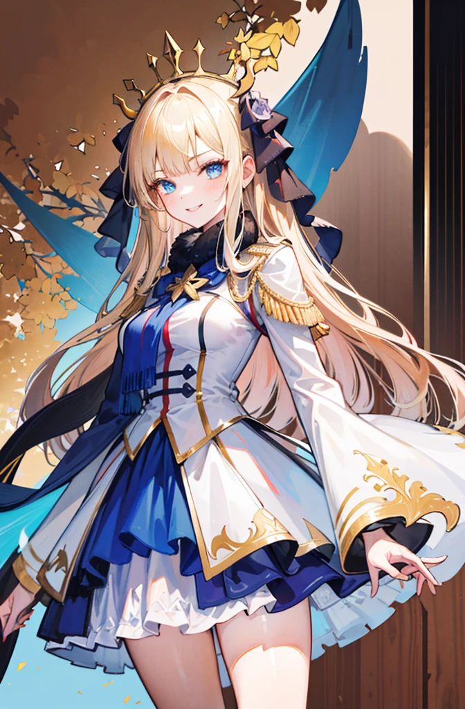 (Standing painting: 1.2) + (1girl:1.5)+ golden hair + princess cut + white knight uniform + detailed eyes and nose + deep blue eyes + white battle uniform + domineering, masterpiece, best quality,evil smile,holy,((the wood background)),adult,