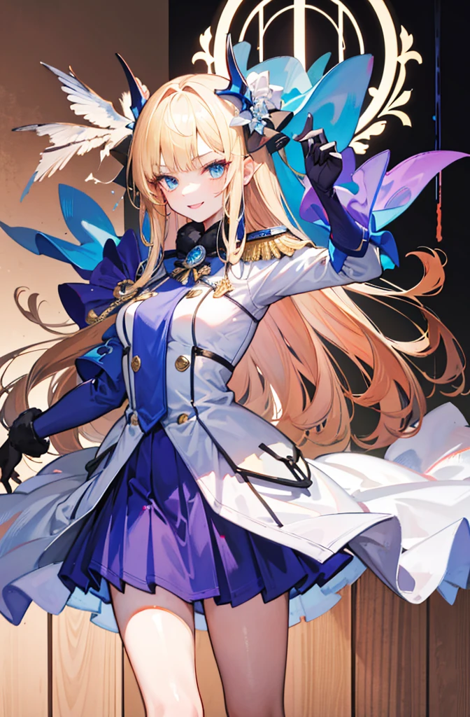 (Standing painting: 1.2) + (1girl:1.5)+ golden hair + princess cut + white knight uniform + detailed eyes and nose + deep blue eyes +  white battle uniform + domineering, masterpiece, best quality,evil smile,holy,((the wood background)),adult,