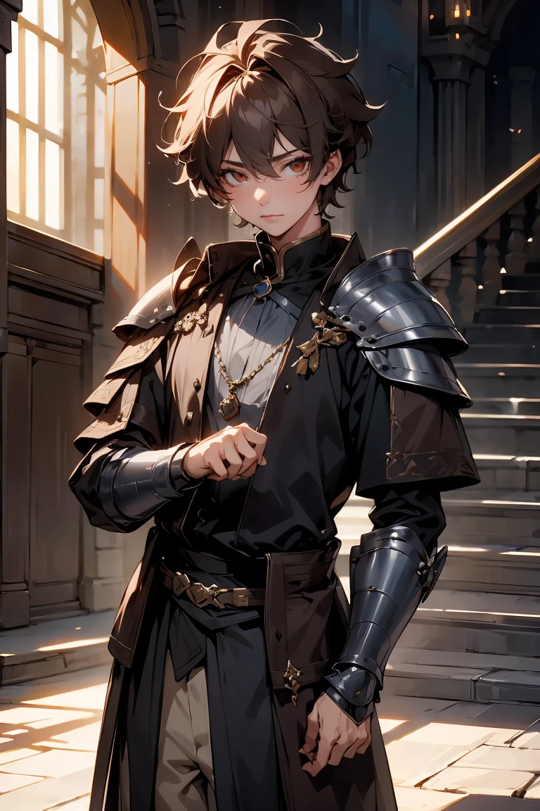 male character, royalty, prince, short hair, cold gaze, medieval aesthetics, luxurious clothes, looking down, armor pieces, crown, cold colors, celshaded, ashy colors, mysterious vibe, sharp eyes, bishonen, dark brown hair, messy hair, intense red eyes, condescending pose and expression, prideful character. arrogant, young adult, dark medieval inspiration