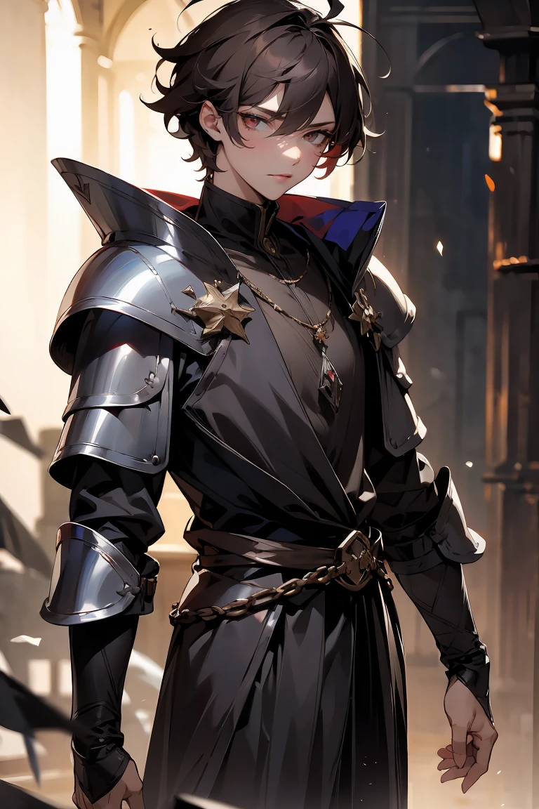 male character, royalty, prince, short hair, cold gaze, medieval aesthetics, luxurious clothes, looking down, armor pieces, crown, cold colors, celshaded, ashy colors, mysterious vibe, sharp eyes, bishonen, dark brown hair, messy hair, intense red eyes, condescending pose and expression, prideful character. arrogant, young adult, dark medieval inspiration