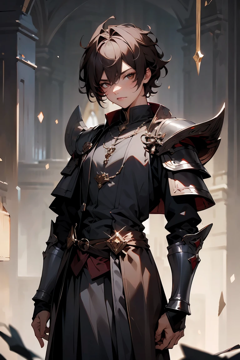 male character, royalty, prince, short hair, cold gaze, medieval aesthetics, luxurious clothes, looking down, armor pieces, crown, cold colors, celshaded, ashy colors, mysterious vibe, sharp eyes, bishonen, dark  brown hair, messy hair, intense red eyes, condescending pose and expression, prideful character. arrogant, young adult, dark medieval inspiration