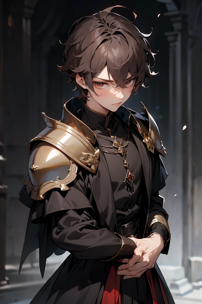 male character, royalty, prince, short hair, cold gaze, medieval aesthetics, luxurious clothes, looking down, armor pieces, crown, cold colors, celshaded, ashy colors, mysterious vibe, sharp eyes, bishonen, dark brown hair, messy hair, intense red eyes, condescending pose and expression, prideful character. arrogant, young adult, dark medieval inspiration