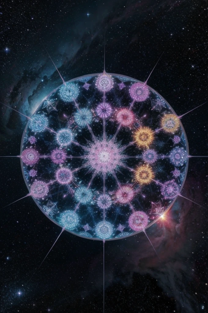 please create an image of a mandala made with ice microcrystals floating in the cosmos with colorful nebulae in the background