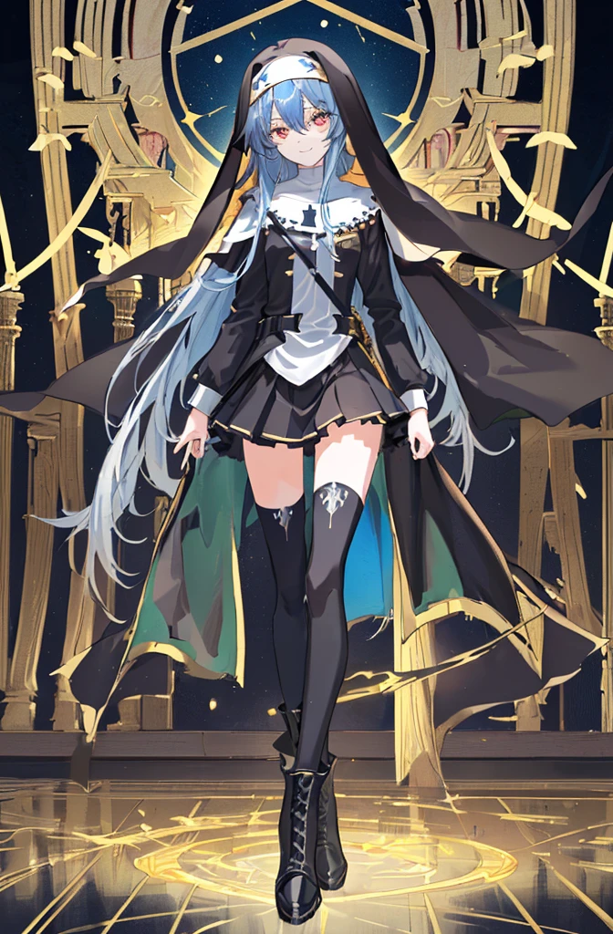[(cathedral background:1.4)::5],Original,(Illustration:1.1),(Best Quality),(masutepiece:1.1),(the Extremely Detailed CG Unity 8K Wallpapers:1.1), (Colorful:0.9),(mid-shot:0.95),(Full body:1.5),Dynamic Angle,(Solo:1.2), (girl),(((Adult))), (Detailed beautiful eyes:1.15), (Beautiful face:1.15), (Glowing black eyes:1.25////),(Blue Long Hair),(nun headdress),(+perfect hand+:1.21),(Draw an illustration of a Holy Knight Wizard),(Religious),(slender),(she has boots on her feet),((I'm wearing black knee-high socks)),Smile,(Ruffled miniskirt with metal embellishments),beautiful slender adult,((theater background)),